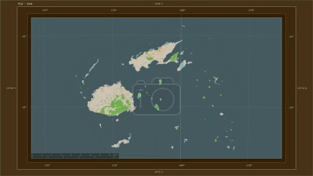 Photo for Fiji highlighted on a topographic, OSM France style map map with the country's capital point, cartographic grid, distance scale and map border coordinates - Royalty Free Image
