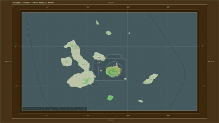 Foto de Galápagos - Ecuador destaca en un mapa topográfico de estilo OSM Francia con el punto capital del país, cuadrícula cartográfica, escala de distancia y coordenadas fronterizas del mapa - Imagen libre de derechos