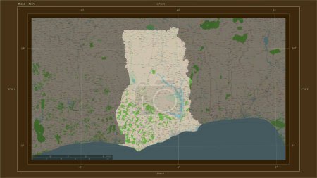 Photo for Ghana highlighted on a topographic, OSM France style map map with the country's capital point, cartographic grid, distance scale and map border coordinates - Royalty Free Image
