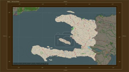 Photo for Haiti highlighted on a topographic, OSM France style map map with the country's capital point, cartographic grid, distance scale and map border coordinates - Royalty Free Image