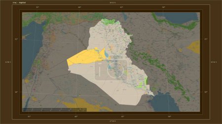 Photo for Iraq highlighted on a topographic, OSM France style map map with the country's capital point, cartographic grid, distance scale and map border coordinates - Royalty Free Image