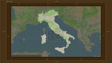 Italie mise en évidence sur une carte topographique de style OSM France avec le point capitale du pays, la grille cartographique, l'échelle de distance et les coordonnées de la frontière cartographique