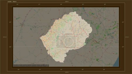 Photo for Lesotho highlighted on a topographic, OSM France style map map with the country's capital point, cartographic grid, distance scale and map border coordinates - Royalty Free Image