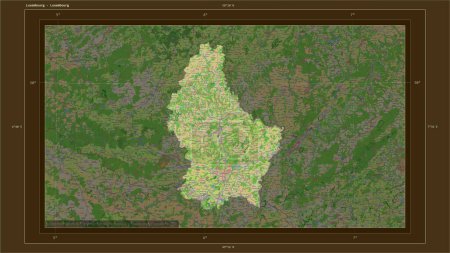 Photo for Luxembourg highlighted on a topographic, OSM France style map map with the country's capital point, cartographic grid, distance scale and map border coordinates - Royalty Free Image