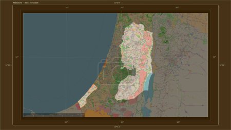Téléchargez les photos : Palestine mise en évidence sur une carte topographique de style OSM France avec le point capitale du pays, la grille cartographique, l'échelle de distance et les coordonnées de la frontière cartographique - en image libre de droit