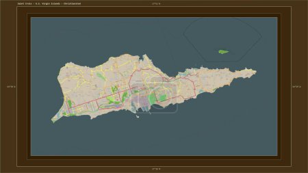 Téléchargez les photos : Sainte Croix - Îles Vierges américaines surlignées sur une carte topographique de style OSM France avec le point capitale du pays, la grille cartographique, l'échelle de distance et les coordonnées de la frontière cartographique - en image libre de droit