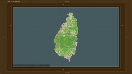 Photo for Saint Lucia highlighted on a topographic, OSM France style map map with the country's capital point, cartographic grid, distance scale and map border coordinates - Royalty Free Image
