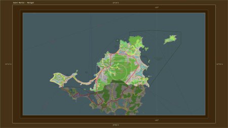 Photo for Saint Martin highlighted on a topographic, OSM France style map map with the country's capital point, cartographic grid, distance scale and map border coordinates - Royalty Free Image