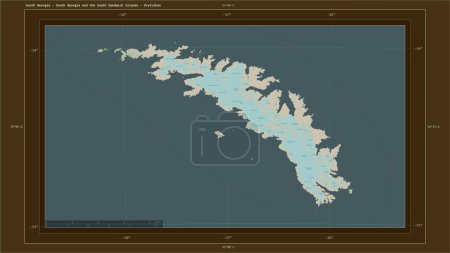 Photo for South Georgia - South Georgia and the South Sandwich Islands highlighted on a topographic, OSM France style map map with the country's capital point, cartographic grid, distance scale and map border coordinates - Royalty Free Image