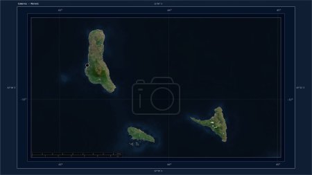 Photo for Comoros highlighted on a low resolution satellite map map with the country's capital point, cartographic grid, distance scale and map border coordinates - Royalty Free Image