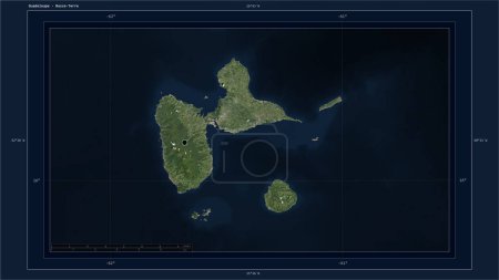 Téléchargez les photos : Guadeloupe mise en évidence sur une carte satellite basse résolution avec le point capitale du pays, la grille cartographique, l'échelle de distance et les coordonnées de la frontière cartographique - en image libre de droit