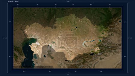 Kasachstan auf einer niedrig aufgelösten Satellitenkarte mit dem Hauptort des Landes, kartographischem Raster, Entfernungsmaßstab und Grenzkoordinaten