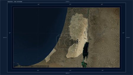 Téléchargez les photos : Palestine mise en évidence sur une carte satellite basse résolution avec le point de la capitale du pays, la grille cartographique, l'échelle de distance et les coordonnées de la frontière de la carte - en image libre de droit