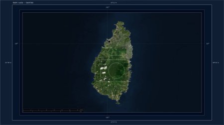 Photo for Saint Lucia highlighted on a low resolution satellite map map with the country's capital point, cartographic grid, distance scale and map border coordinates - Royalty Free Image