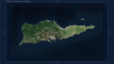 Téléchargez les photos : Sainte-Croix - Îles Vierges américaines surlignées sur une carte satellite à basse résolution avec le point capitale du pays, la grille cartographique, l'échelle de distance et les coordonnées de la frontière cartographique - en image libre de droit