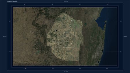 Photo for Eswatini highlighted on a low resolution satellite map map with the country's capital point, cartographic grid, distance scale and map border coordinates - Royalty Free Image