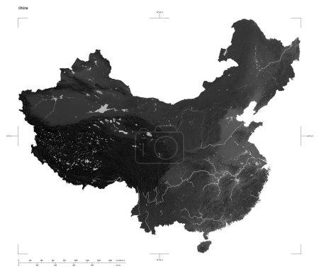 Form einer Graustufen-Höhenkarte mit Seen und Flüssen Chinas, mit Entfernungsskala und Kartenrandkoordinaten, isoliert auf weiß