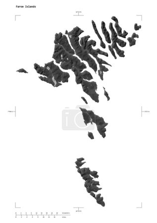 Shape of a Grayscale elevation map with lakes and rivers of the Faroe Islands, with distance scale and map border coordinates, isolated on white