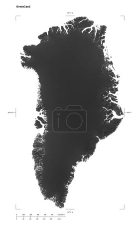 Foto de Forma de un mapa de elevación a escala de grises con lagos y ríos de Groenlandia, con coordenadas de frontera a escala de distancia y mapa, aislado en blanco - Imagen libre de derechos
