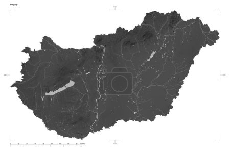 Shape of a Grayscale elevation map with lakes and rivers of the Hungary, with distance scale and map border coordinates, isolated on white