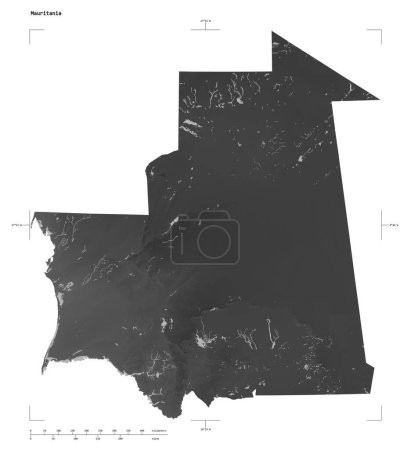 Shape of a Grayscale elevation map with lakes and rivers of the Mauritania, with distance scale and map border coordinates, isolated on white