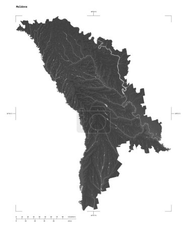 Téléchargez les photos : Forme d'une carte d'altitude en niveaux de gris avec lacs et rivières de Moldavie, avec échelle de distance et coordonnées de frontière de carte, isolé sur blanc - en image libre de droit