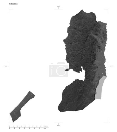 Téléchargez les photos : Forme d'une carte d'altitude en niveaux de gris avec lacs et rivières de la Palestine, avec échelle de distance et coordonnées de frontière de carte, isolé sur blanc - en image libre de droit