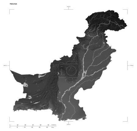 Gestalt einer Graustufen-Höhenkarte mit Seen und Flüssen Pakistans, mit Entfernungsskala und Kartengrenzkoordinaten, isoliert auf weiß