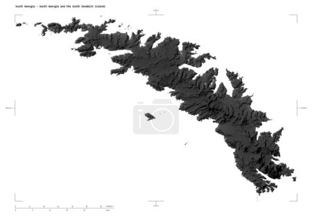 Foto de Forma de un mapa de elevación a escala de grises con lagos y ríos de Georgia del Sur - Georgia del Sur y las Islas Sandwich del Sur, con coordenadas fronterizas a escala de distancia y mapa, aisladas en blanco - Imagen libre de derechos