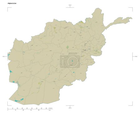 Form einer topographischen OSM-Karte des humanitären Afghanistans, mit Entfernungsmaßstab und Grenzkoordinaten, isoliert auf weiß