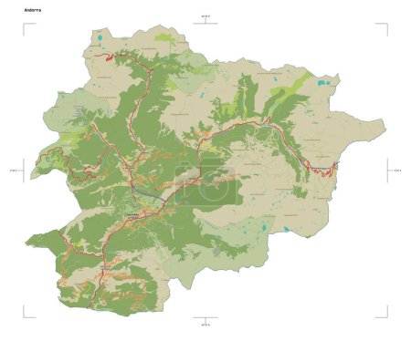 Shape of a topographic, OSM Humanitarian style map of the Andorra, with distance scale and map border coordinates, isolated on white