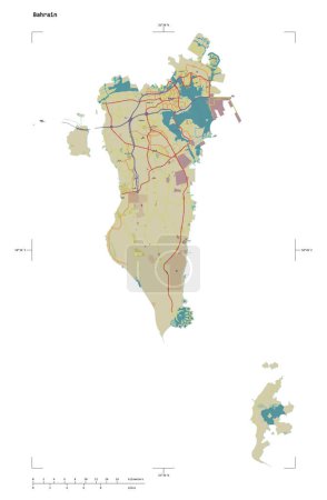 Photo for Shape of a topographic, OSM Humanitarian style map of the Bahrain, with distance scale and map border coordinates, isolated on white - Royalty Free Image