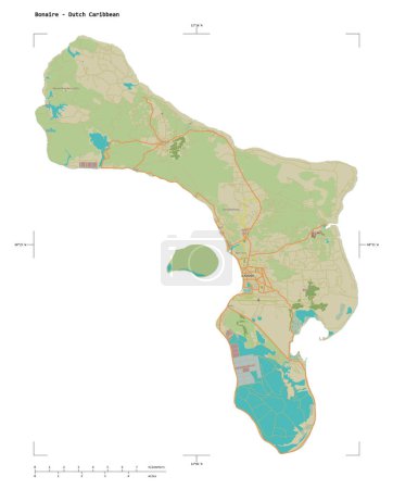 Téléchargez les photos : Forme d'une carte topographique de style humanitaire OSM de Bonaire - Caraïbes néerlandaises, avec échelle de distance et coordonnées de frontière de carte, isolée sur blanc - en image libre de droit