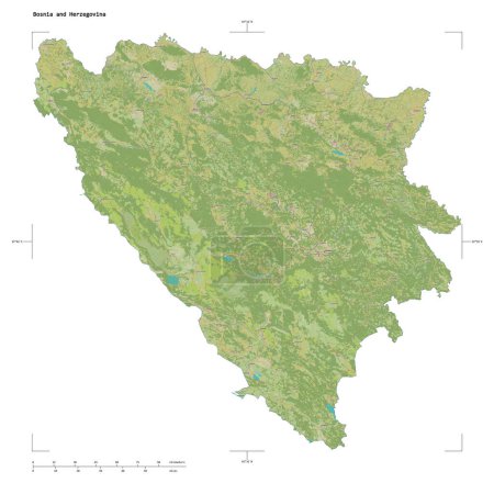 Photo for Shape of a topographic, OSM Humanitarian style map of the Bosnia and Herzegovina, with distance scale and map border coordinates, isolated on white - Royalty Free Image