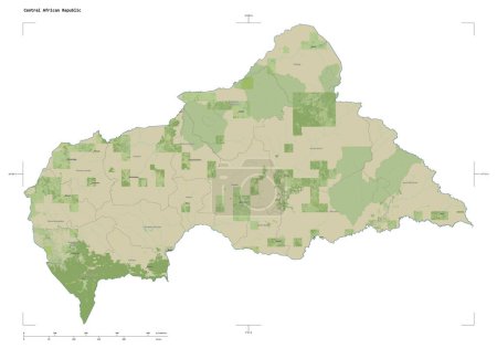 Form einer topographischen Karte im OSM-Stil der Zentralafrikanischen Republik, mit Entfernungsmaßstab und Grenzkoordinaten, isoliert auf weiß