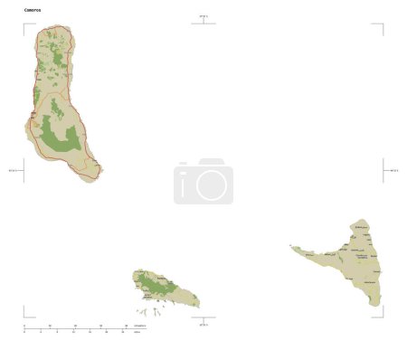 Photo for Shape of a topographic, OSM Humanitarian style map of the Comoros, with distance scale and map border coordinates, isolated on white - Royalty Free Image