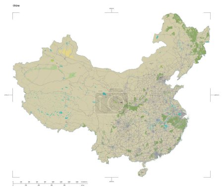 Form einer topographischen, OSM Humanitären Landkarte Chinas, mit Entfernungsmaßstab und Kartengrenzkoordinaten, isoliert auf weiß