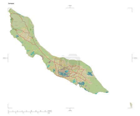 Shape of a topographic, OSM Humanitarian style map of the Curacao, with distance scale and map border coordinates, isolated on white