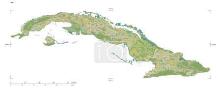 Photo for Shape of a topographic, OSM Humanitarian style map of the Cuba, with distance scale and map border coordinates, isolated on white - Royalty Free Image