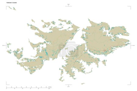 Photo for Shape of a topographic, OSM Humanitarian style map of the Falkland Islands, with distance scale and map border coordinates, isolated on white - Royalty Free Image