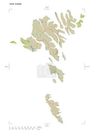 Shape of a topographic, OSM Humanitarian style map of the Faroe Islands, with distance scale and map border coordinates, isolated on white
