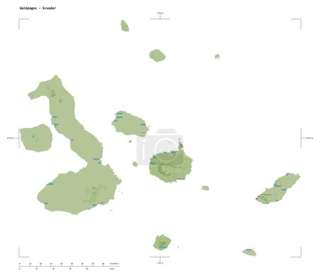Foto de Forma de un mapa topográfico de estilo humanitario OSM de las Galápagos - Ecuador, con coordenadas de frontera de escala y mapa de distancia, aislado en blanco - Imagen libre de derechos