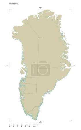 Photo for Shape of a topographic, OSM Humanitarian style map of the Greenland, with distance scale and map border coordinates, isolated on white - Royalty Free Image