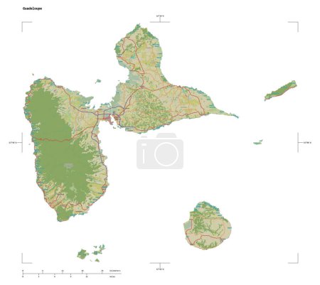 Téléchargez les photos : Forme d'une carte topographique de style humanitaire OSM de la Guadeloupe, avec échelle de distance et coordonnées de frontière de carte, isolée sur blanc - en image libre de droit
