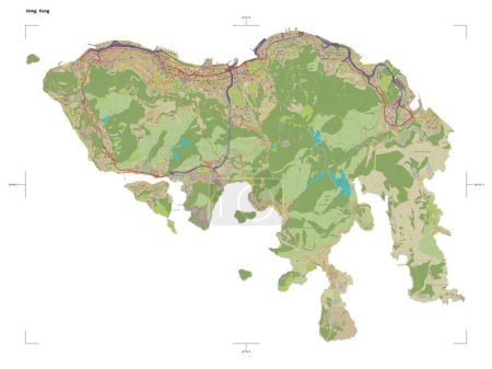 Photo for Shape of a topographic, OSM Humanitarian style map of the Hong Kong, with distance scale and map border coordinates, isolated on white - Royalty Free Image