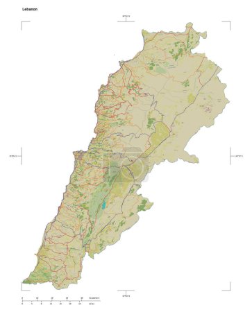 Photo for Shape of a topographic, OSM Humanitarian style map of the Lebanon, with distance scale and map border coordinates, isolated on white - Royalty Free Image