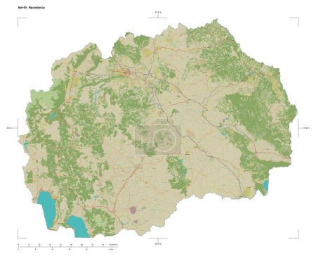 Photo for Shape of a topographic, OSM Humanitarian style map of the North Macedonia, with distance scale and map border coordinates, isolated on white - Royalty Free Image