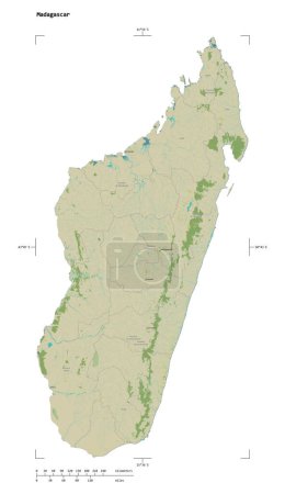 Shape of a topographic, OSM Humanitarian style map of the Madagascar, with distance scale and map border coordinates, isolated on white