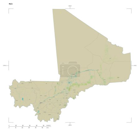 Photo for Shape of a topographic, OSM Humanitarian style map of the Mali, with distance scale and map border coordinates, isolated on white - Royalty Free Image