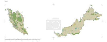 Photo for Shape of a topographic, OSM Humanitarian style map of the Malaysia, with distance scale and map border coordinates, isolated on white - Royalty Free Image